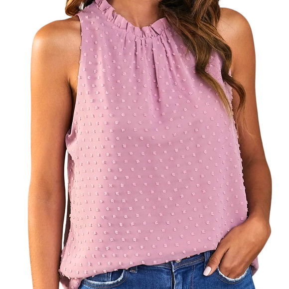 Pink Frill Swiss Dot Round Neck Tank-Size XXLarge - Picture 3 of 5